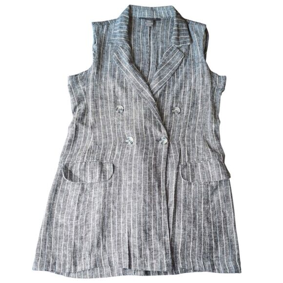 Suzy Shier Linen pinStripe  Long Vest Sleeveless Waistcoat Size S - Picture 2 of 11